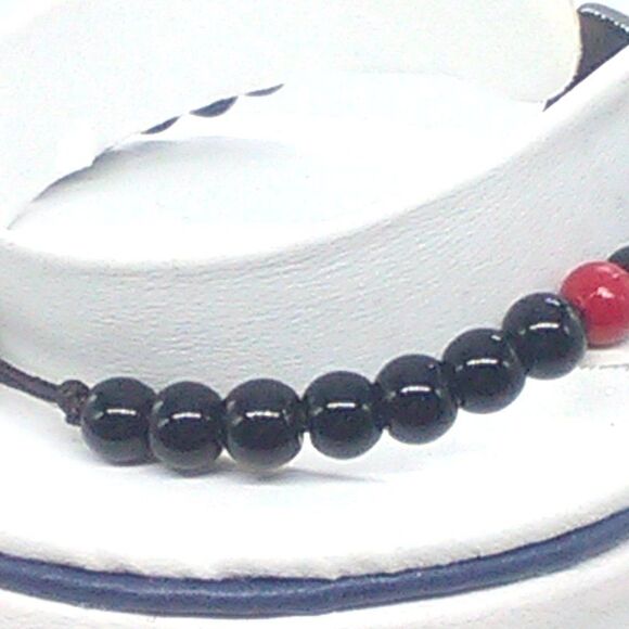 Adjustable Corded Beaded Bracelet Glass Black Red Beads - Picture 3 of 6